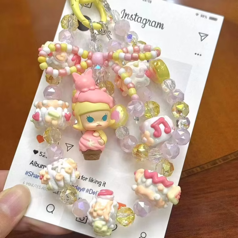Doll Diy Skullpanda Mini Cute Cellphone Charm Bag Pendant Accessories: Dimoo Ice Cream Kawaii Bead Phone Lanyard Pink Keychain