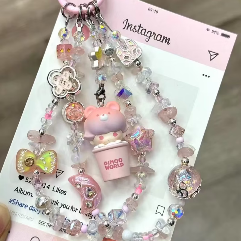 Kawaii Pink Crystal Keychain with Beaded Cute Beans for a Limited Edition Bean Diy Skullpanda Dimoo Birthday Present.