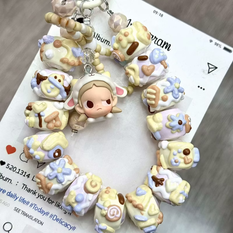 Adorable Hand-Made Cream Gluing Wiht Beakes Phone Chain and Kawaii Doll Keychain Bag Pendant for Female: Bean Dimoo Molly and Crybaby Collaboration